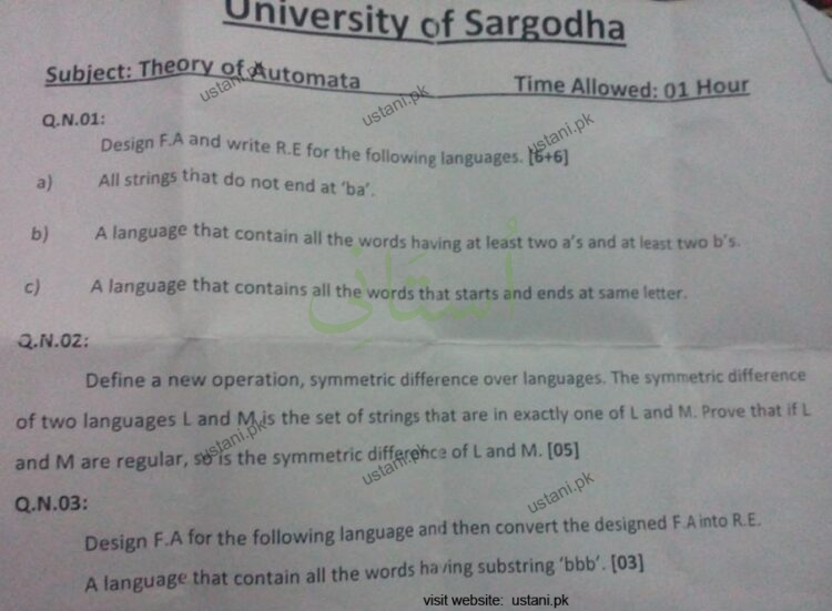 Theory of Automata and Formal Languages BSCS 2014 Mid Term UOS