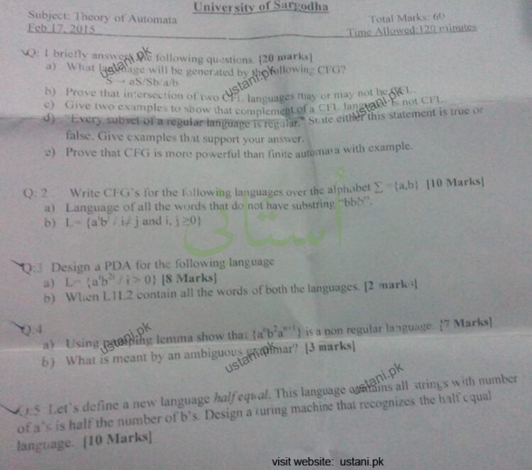 Theory of Automata and Formal Language BSCS 2015 UOS