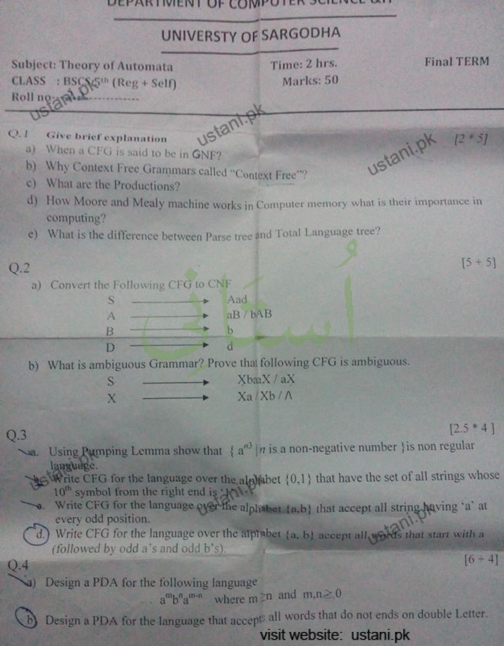 Theory of Automata and Formal Language BSCS 2016 UOS