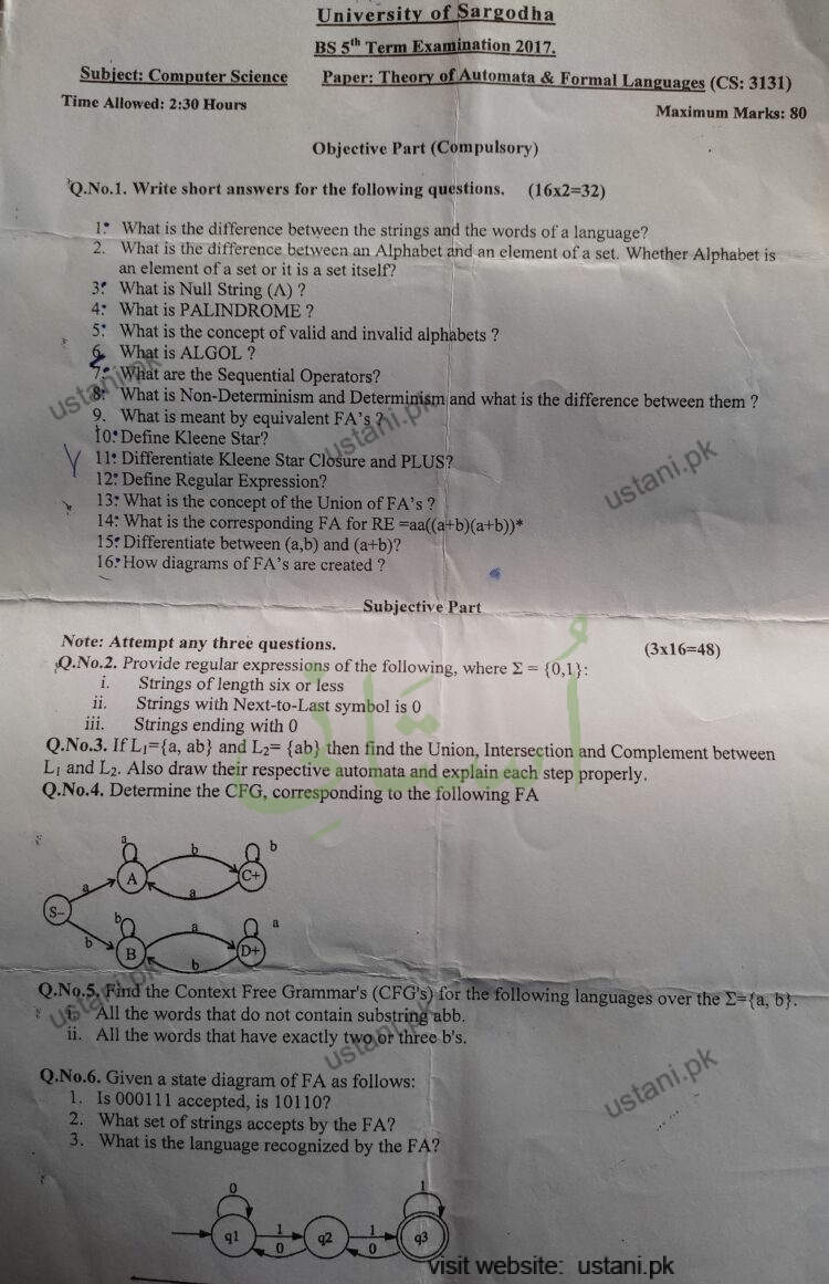 Theory of Automata and Formal Languages BS/MPhil Computer Science/MS Computer Science 5 Semester/Term University Of Sargodha (UOS) 2017
