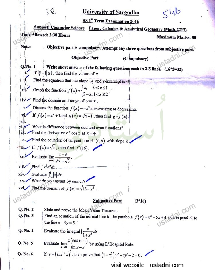 University of Sargodha 546 BS 1" Term Examination 2016 Subject: Computer Science Paper: Calculus & Analytical Geometry (Math-2213)