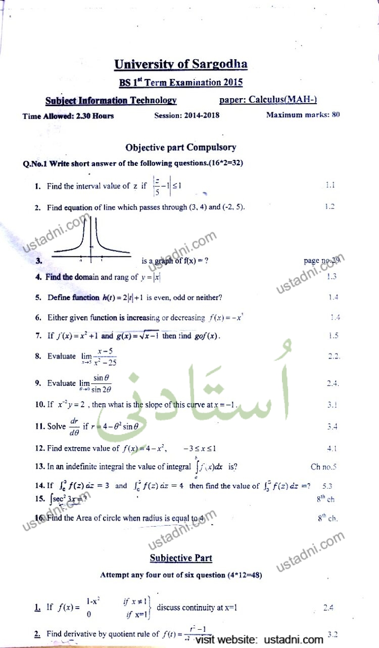 University of Sargodha BS 1" Term Examination 2015 Subject Information Technology Time Allowed: 2.30 Hours