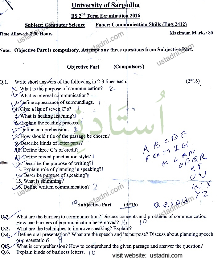 University of Sargodha BS 2°° Term Examination 2016 Subject: Computer Science Paper: Communication Skills (Eng:2412) Time Allowed: 2:30 Hours com