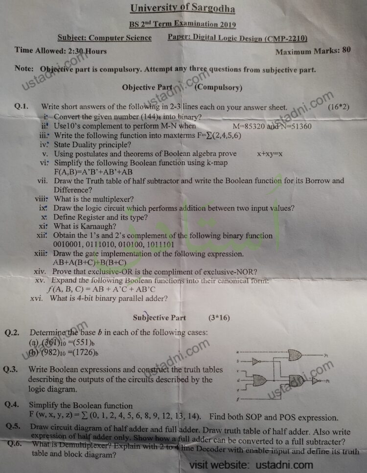 University of Sargodha BS 2nd Term Examination 2019 Subject: Computer Science Paper: Digital Logic Design (CMP-2210) Time Allowed: 2:30 Hours Maximum Marks: 80