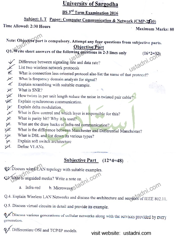University of Sargodha BS 3* Term Examination 2016 Subject: 1. I Paper: Computer Communication & Network (CMP-2540) Time Allowed: 2:30 Hours