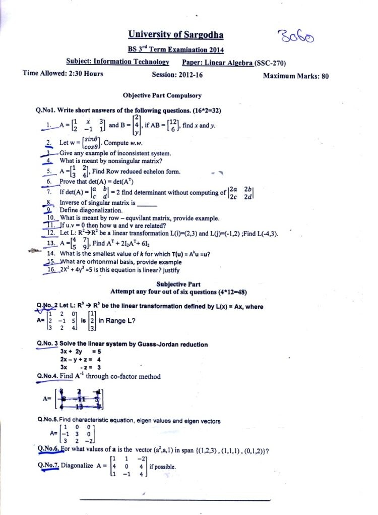 University of Sargodha BS 3rd Term Examination 2014 Subject: Information Technology Paper: Linear Algebra (SSC-270)