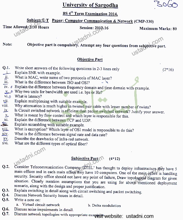 University of Sargodha BS 4* Term Examination 2014. Subject: I. T Paper: Computer Communication & Network (CMP-330) Time Allowed: 2:30 Hours