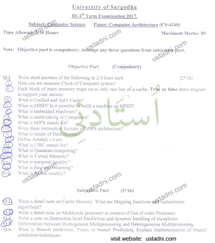 University of Sargodha BS 4** Term Examination 2017. Subject: Computer Science Paper: Computer Architecture (CS:4240) Time Alloweds 2:30 Hours Maximum Marks: 80 (VID
