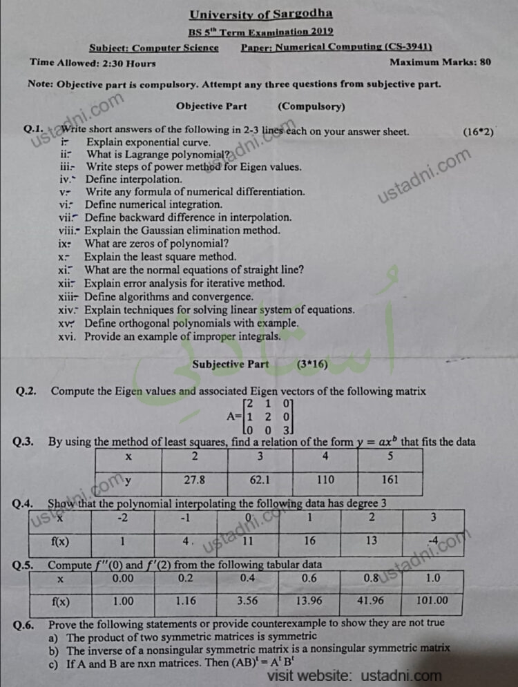 University of Sargodha BS 5* Term Examination 2012 Subject: Computer Science Paper: Numerical Computing (CS-3941)
