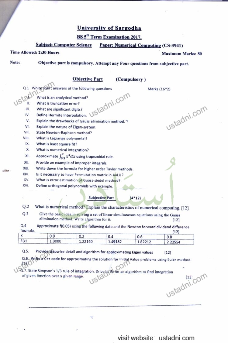 University of Sargodha BS st Term Examination 2017. Subject: Computer Science Paper: Numerical Computing (CS-3941) Time Allowed: 2:30 Hours