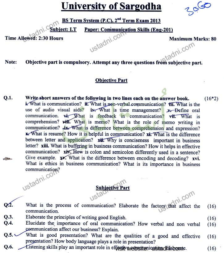 University of Sargodha BS Term System (P.C), 2nd Term Exam 2013 Subject: I.T Paper: Communication Skills (Eng-201) Time Allowed: 2:30 Hours 3060 Maximum Marks: 80