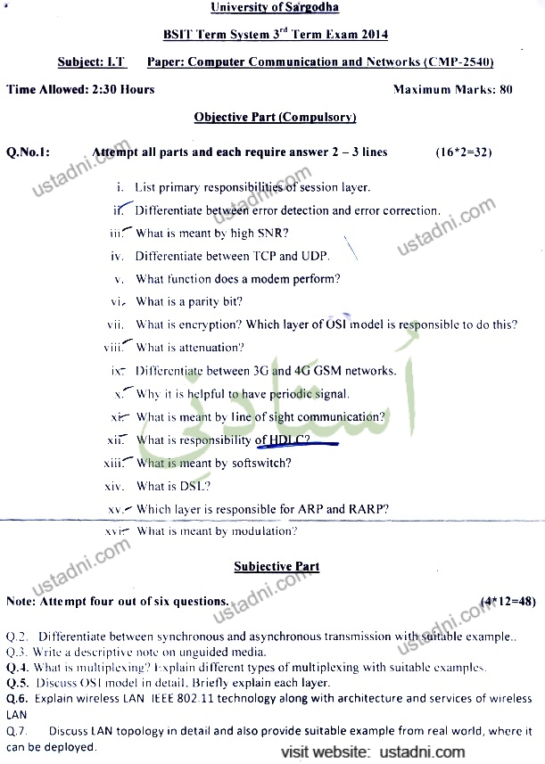 University of Sargodha BSIT Term System 3d Term Exam 2014 Subject: I.T Paper: Computer Communication and Networks (CMP-2540) Time Allowed: 2:30 Hours