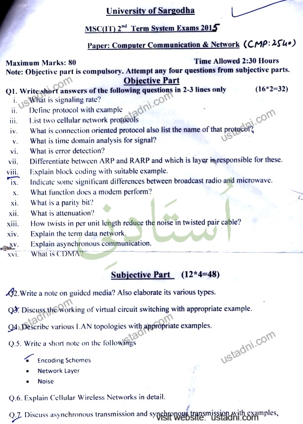 University of Sargodha L MSC(IT) 2"d Term Svstem Exams 2015 Paper: Computer Communication & Network (CMP: 254•)