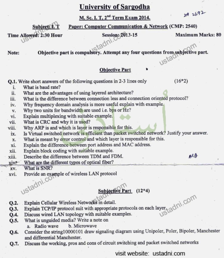 University of Sargodha M. Sc. 1. I. 2"d Term Exam 2014. 29 2692 Paper: Computer Communication & Network (CMP: 2540)