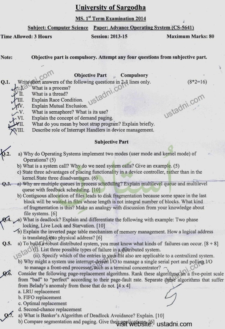 University of Sargodha MS. 1" Term Examination 2014 Subject: Computer Science Paper: Advance Operating System (CS-5641) Time Allowed: 3 Hours