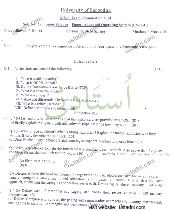 University of Sargodha MS I" Term Examination 2014 Subside: Computer Science Paper: Advanced Operating System (CS-5611) Time Altered: 3 Hours