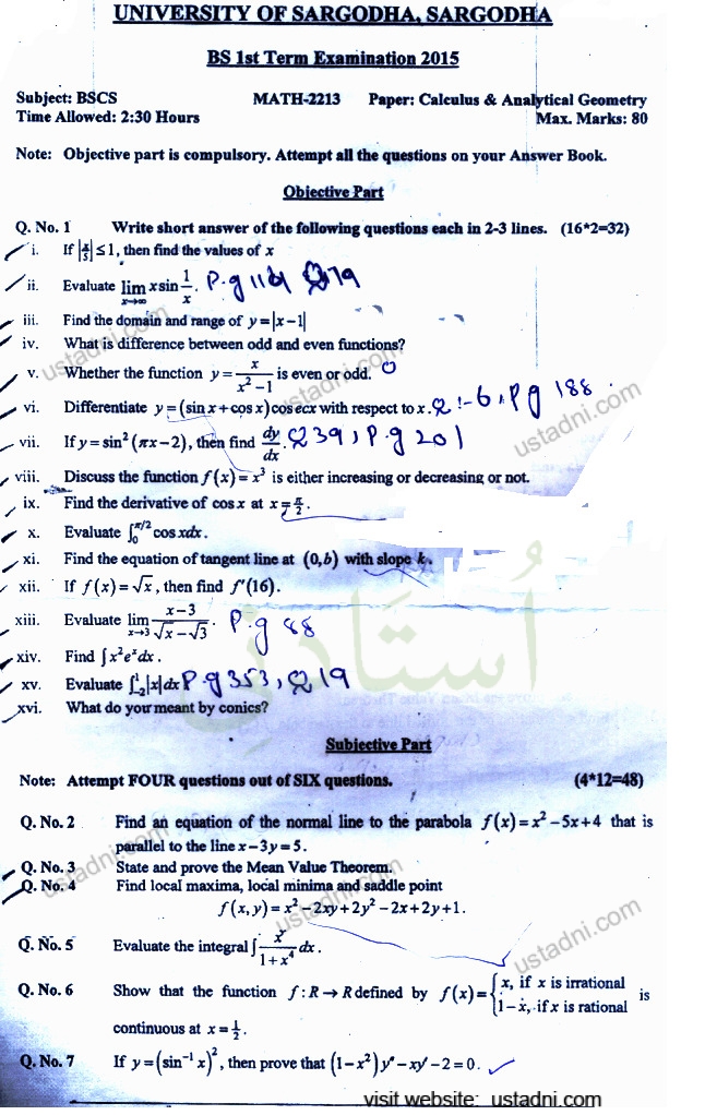 UNIVERSITY OF SARGODHA, SARGODHA BS 1st Term Examination 2015 Subject: BSCS Time Allowed: 2:30 Hours