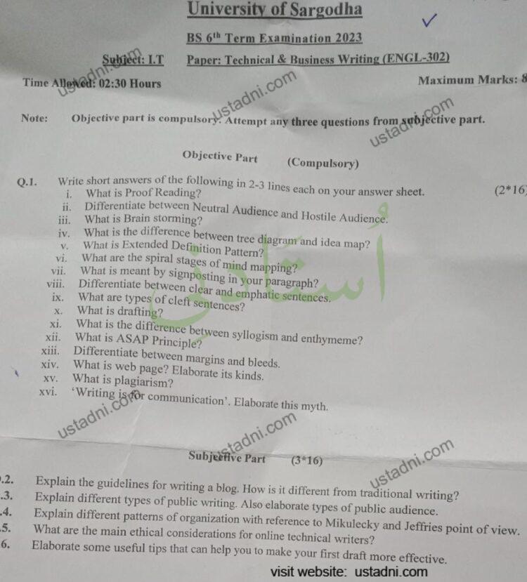 Business and Technical Writing BS 6 Semester/Term University Of Sargodha (UOS) 2023