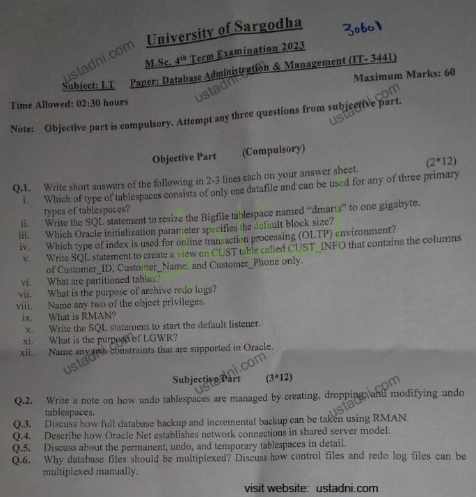 Database Administration and Management Msc IT 4 Semester/Term University Of Sargodha (UOS) 2023