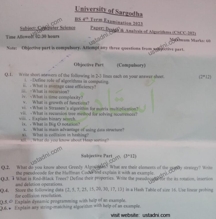 Design and Analysis Algorithm BS 4 Semester/Term University Of Sargodha (UOS) 2023 — page 1