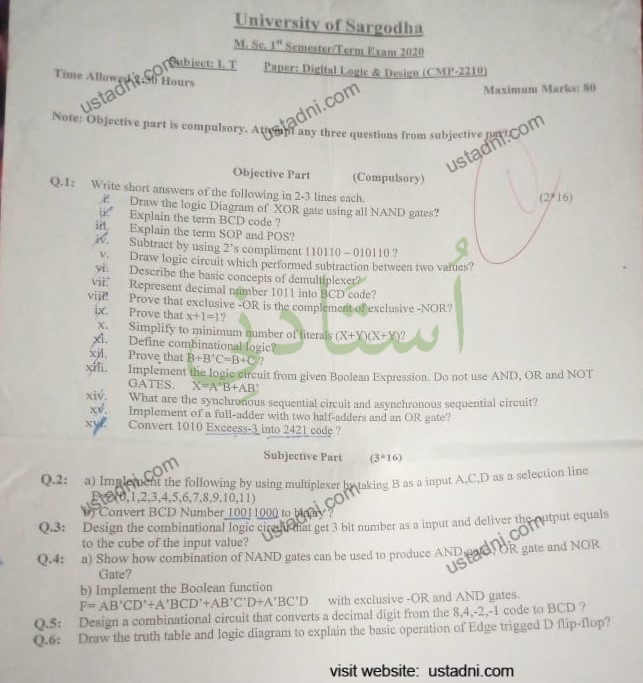 Digital logic Design Msc IT 5/1 Semester/Term University Of Sargodha (UOS) 2020 — page 1