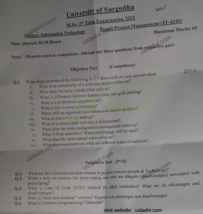 IT Project Management Msc IT 4 Semester/Term University Of Sargodha (UOS) 2023