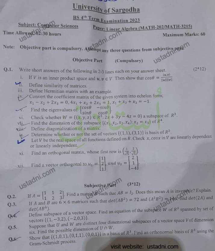 Linear Algebra BSCS 2023 UOS