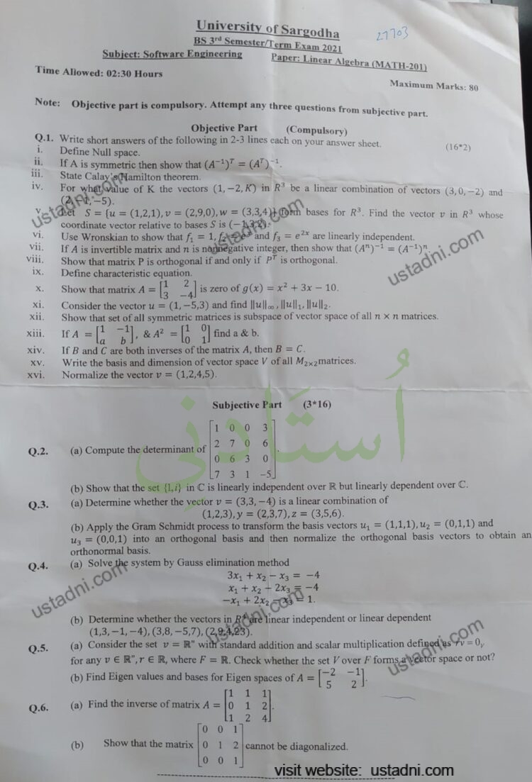 Linear Algebra (LA) BS/MS Software Engineering/PhD Software Engineering 3 Semester/Term University Of Sargodha (UOS) 2021