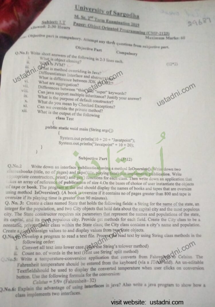 Object Oriented Programming Msc IT 2 Semester/Term University Of Sargodha (UOS) 2019