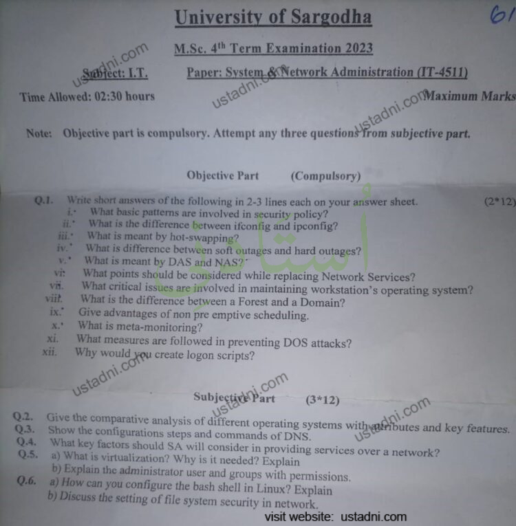 System and Network Administration Msc IT 4 Semester/Term University Of Sargodha (UOS) 2023