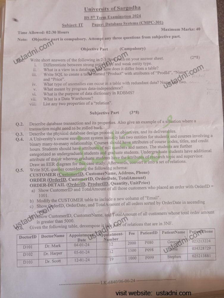 Database System BS 5 Semester/Term University Of Sargodha (UOS) 2024