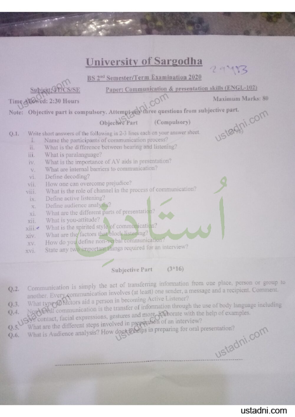 Communication and Presentation Skills BS University Of Sargodha (UOS) 2020 — page 1
