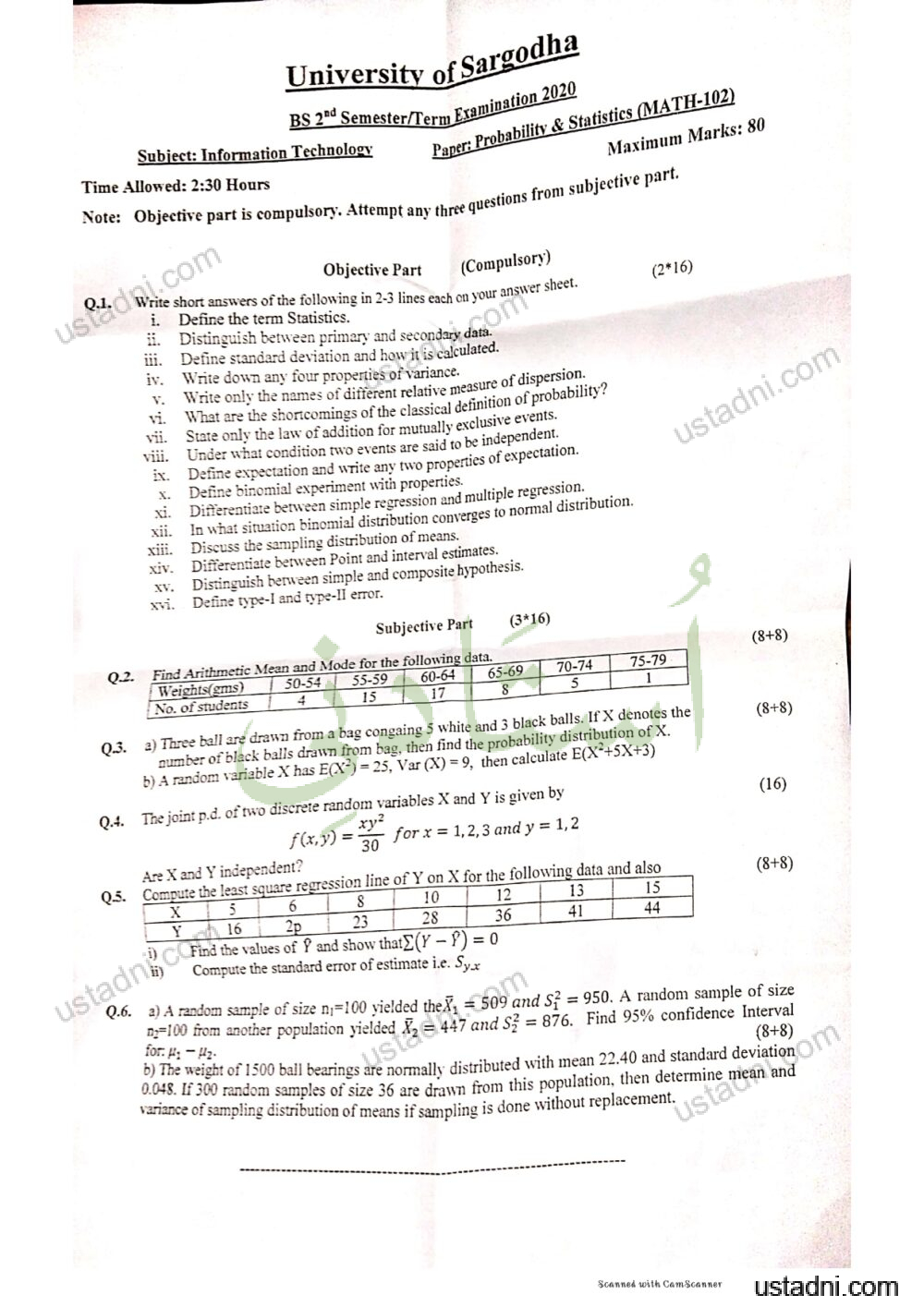 Probability and Statics BS Statistics/MPhil Information Technology 2 Semester/Term University Of Sargodha (UOS) 2020