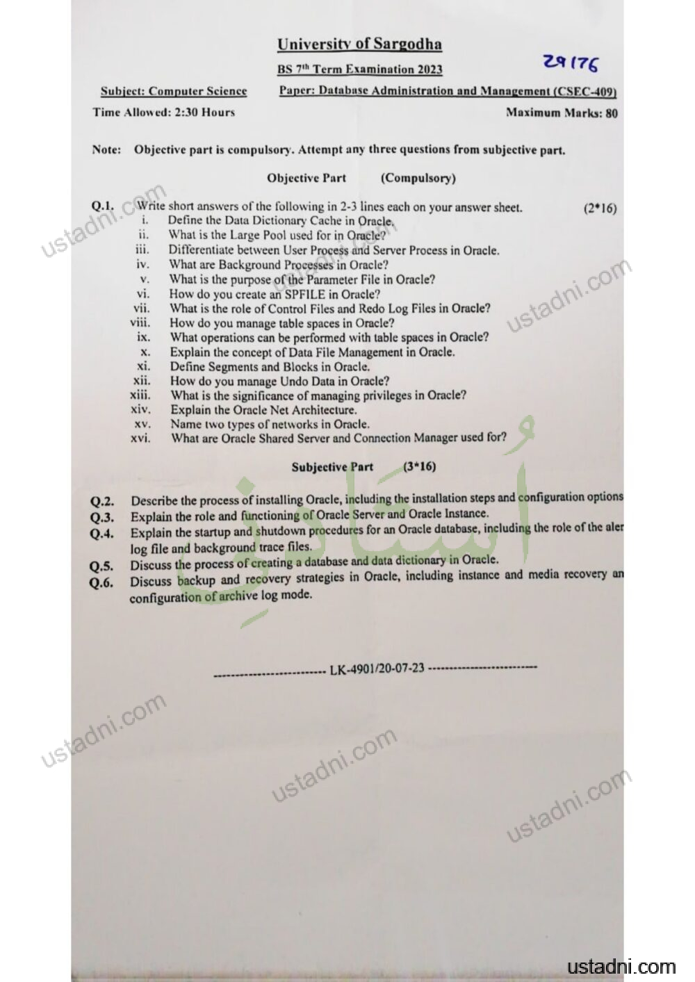 Database Administration and Management BS/MPhil Computer Science/MS Computer Science University Of Sargodha (UOS) 2023