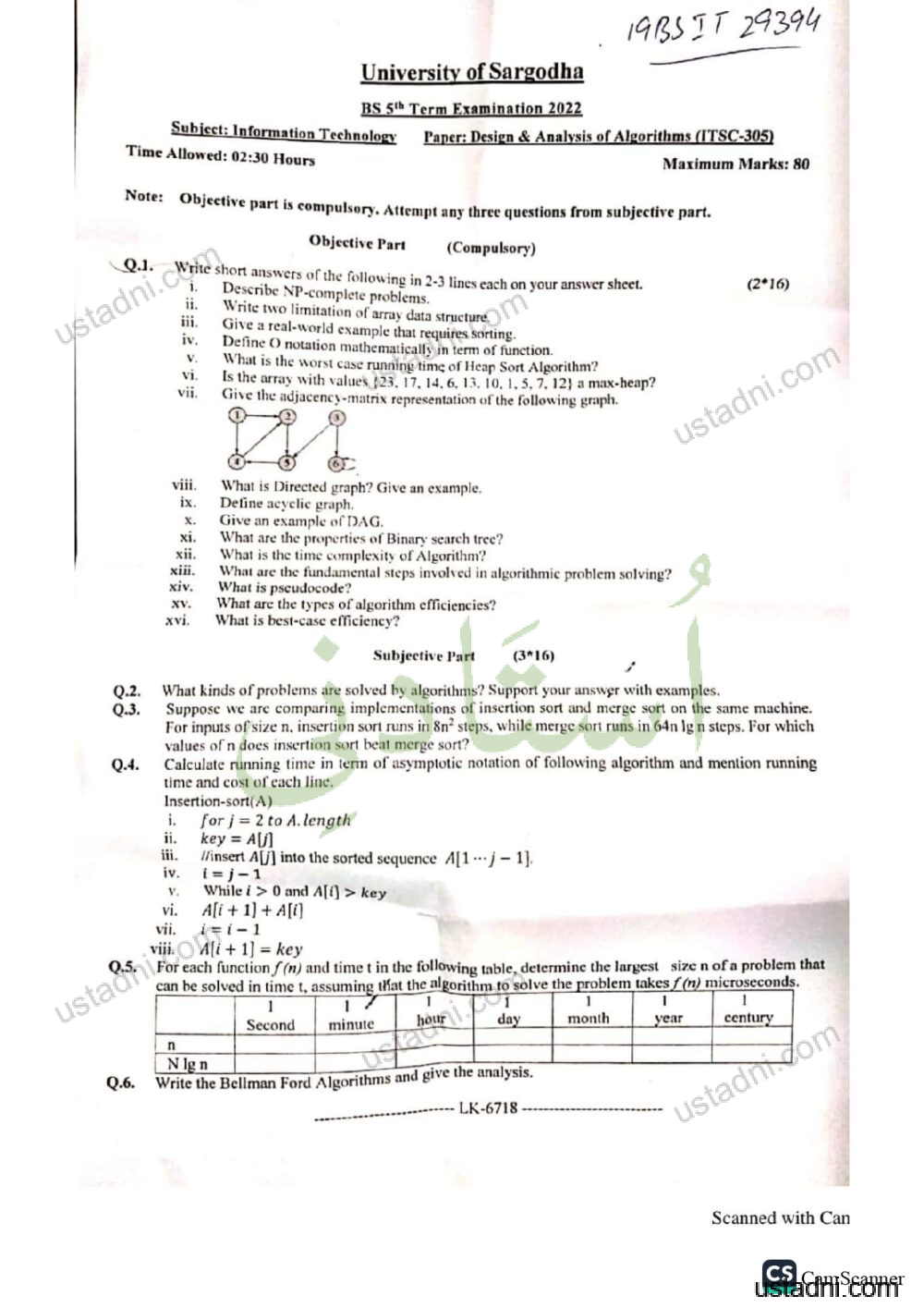 Design and Analysis of Algorithm BS/MPhil Information Technology/MS Information Technology 5 Semester/Term University Of Sargodha (UOS) 2022