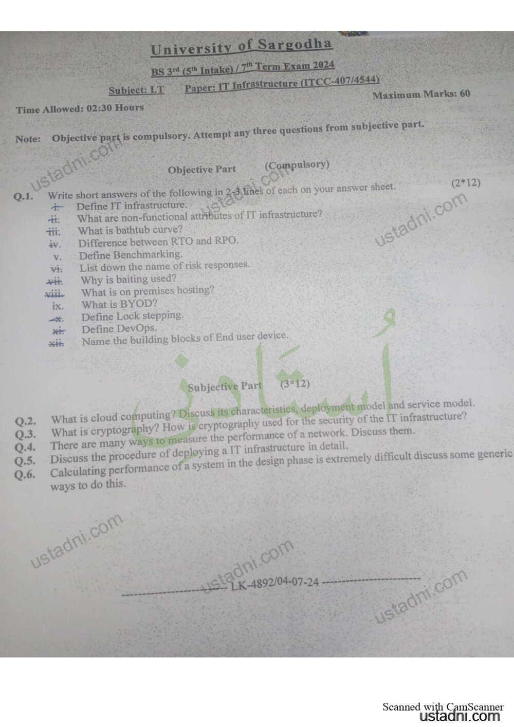 University of Sargodha BS 3rd (5th Intake) / 7ü Term Exam 2024 Subject: I.T Paper: IT Infrastructure (ITCC-407/4544) Maximum Marks: 60