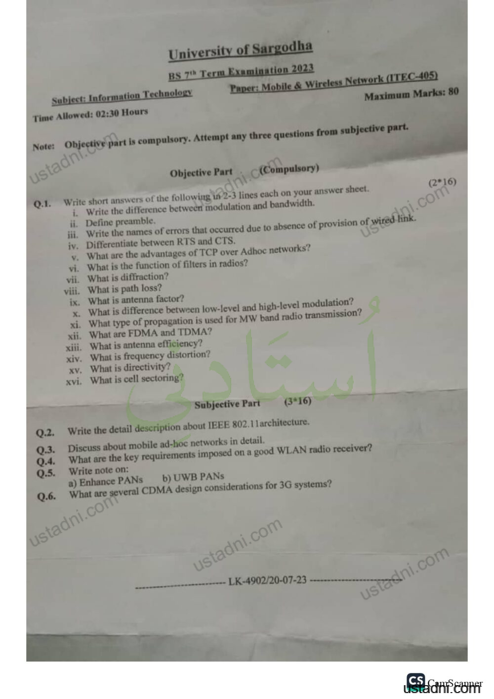 University of Sargodha BS 7% Term Examination 2023 Paper: Mobile & Wireless Network (ITEC-405) Maximum Marks: 80