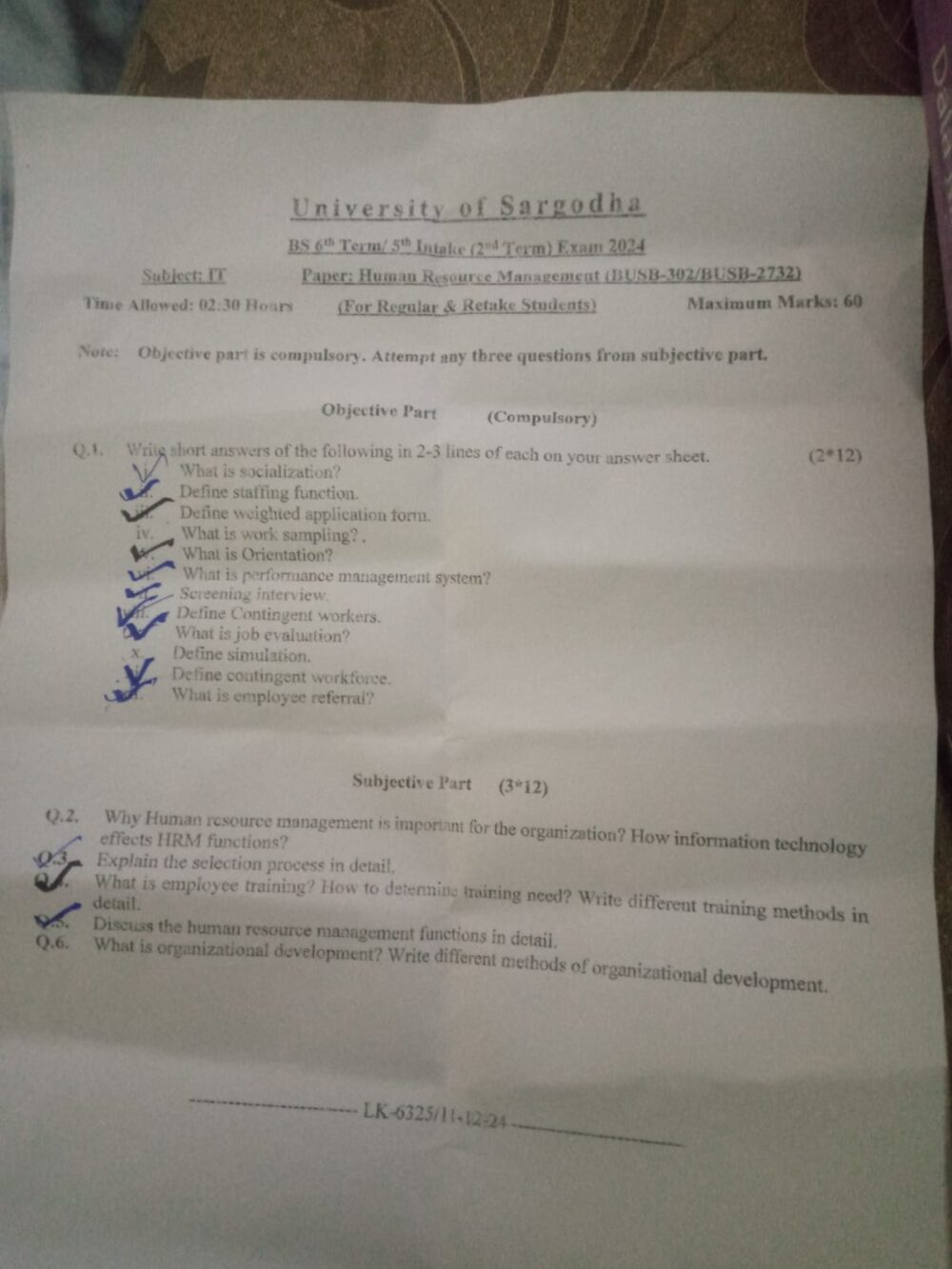 BSIT HRM-Humen Resource Management UOS Past Paper 2024