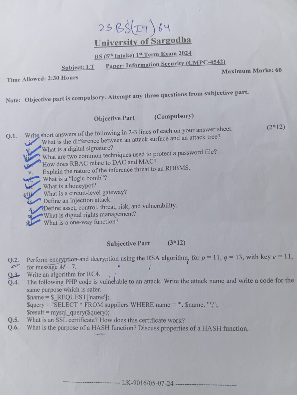 Information Security BS/MS Information Security 5/1 Semester/Term Islamia University Bhawalpur (IUB) 2024