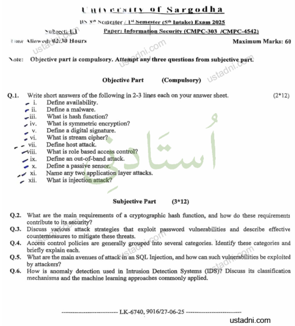 Subroil LaneNty of Sargodha HIS yin Negester /|" Nomester (50 Intake) Exem 2025 Paper Information Security (CMPC-303 /CMPC-4542)