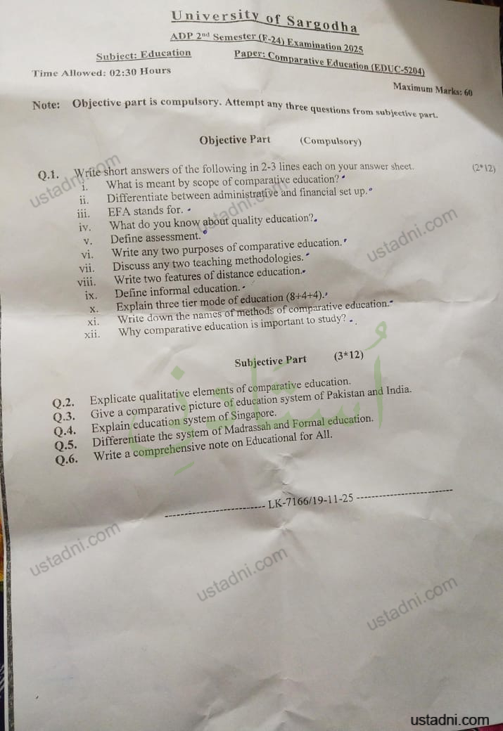 University of Sargodha ADP 2"d Semester (F-24) Examination 2025 Subject: Education Time Allowed: 02:30 Hours