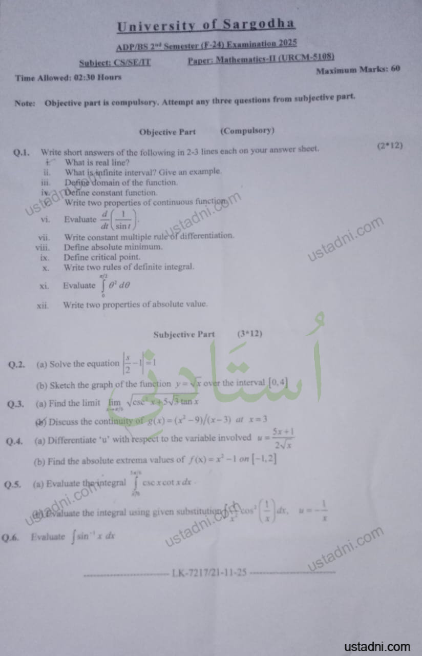 University of Sargodha ADP/BS 2*d Semester (E-24) Examination 2025 Subject: CS/SEAT Paper: Mathematics-11 (URCM-5108)