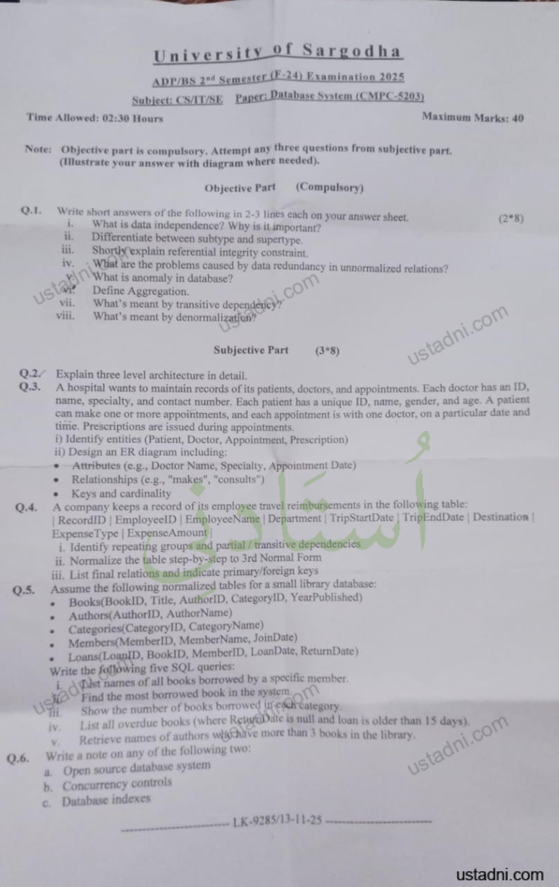 University of Sargodha ADP/BS 2^d Semester (F-24) Examination 2025 Subiect: CS/IT/SE Paper: Database System (CMPC-5203) Time Allowed: 02:30 Hours