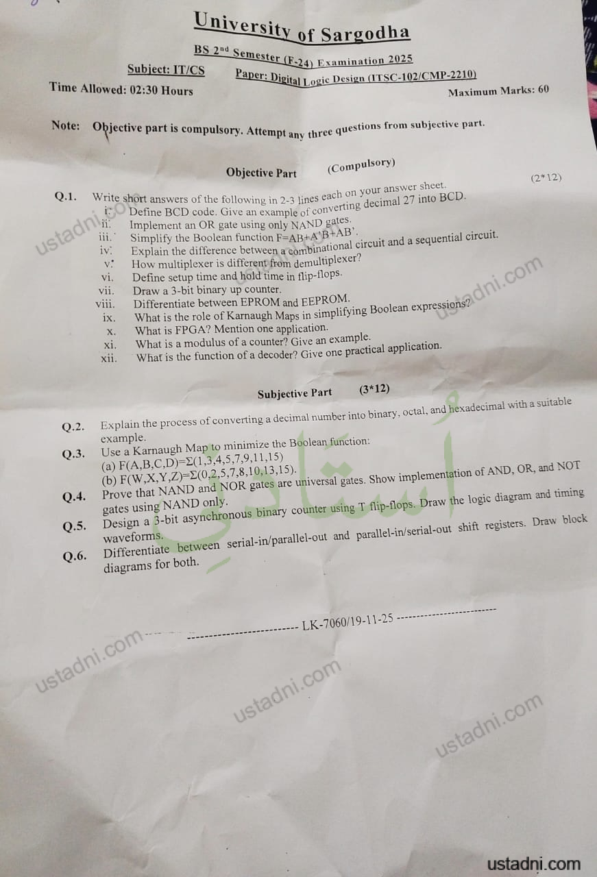 University of Sargodha Subject: IT/CS BS 2n" Semester (E-24) Examination 2025 Paper: Digital Logic Design (ITSC-102/CMP-2210)