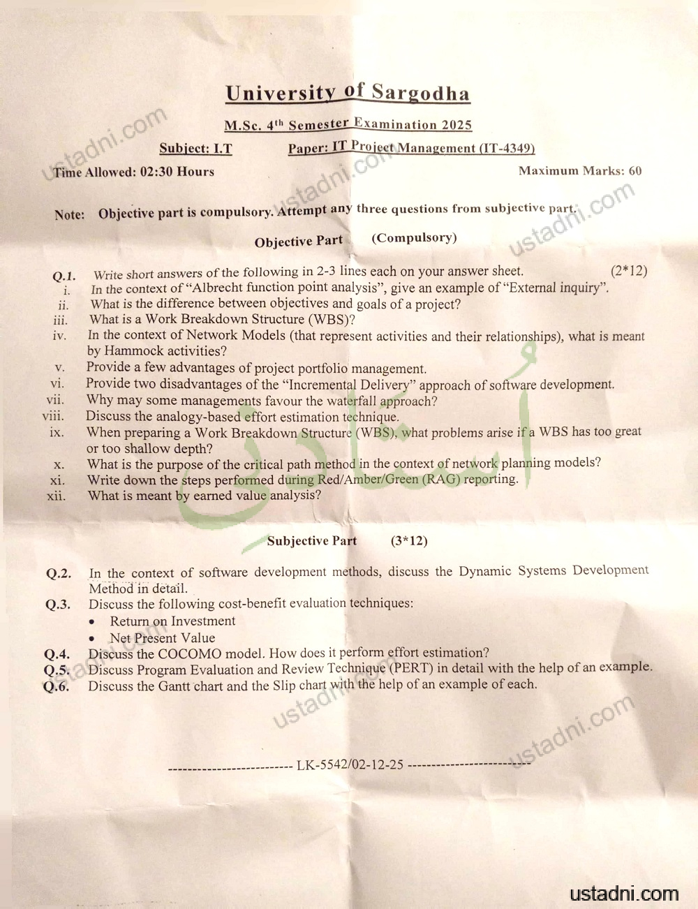 IT Project Management/Management/Project Management AD/MS Project Management 4 Semester/Term University Of Sargodha (UOS) 2025