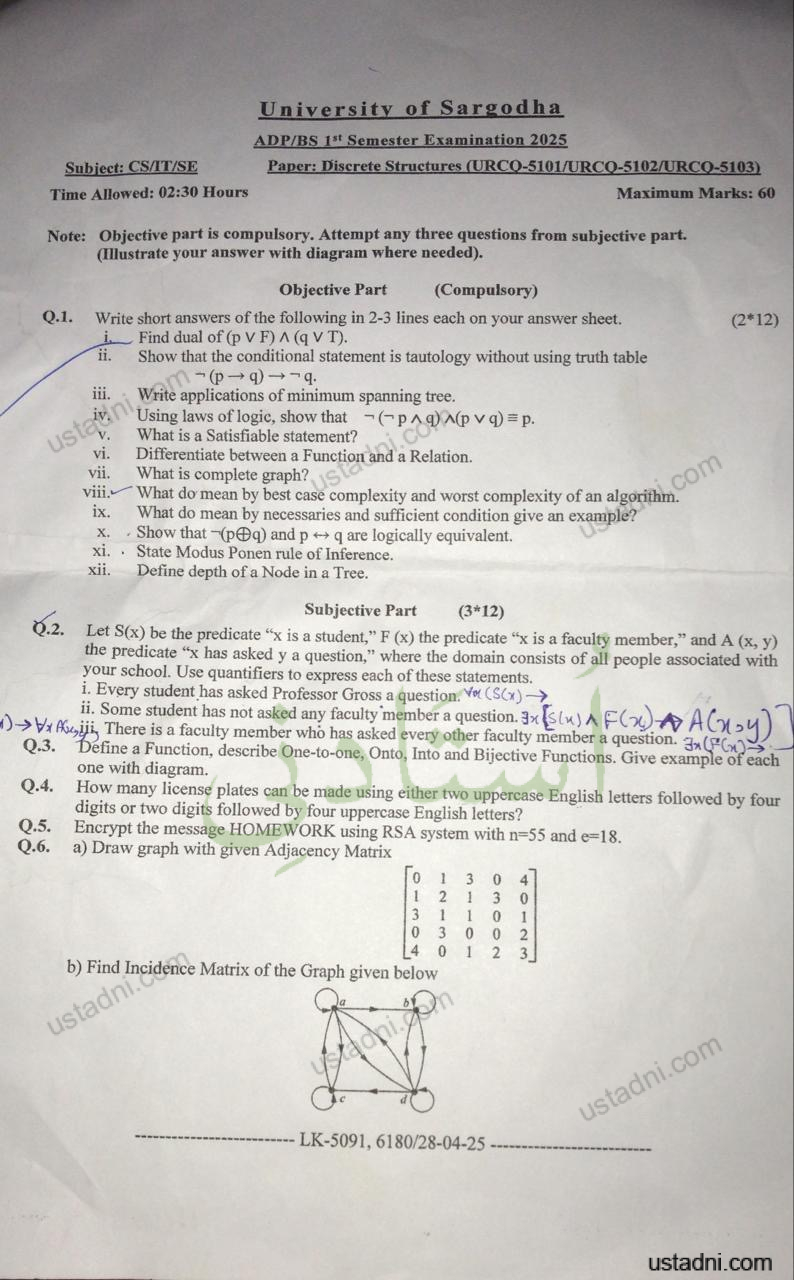 Subject: CS/IT/SE Time Allowed: 02:30 Hours University of Sargodha ADP/BS 1" Semester Examination 2025