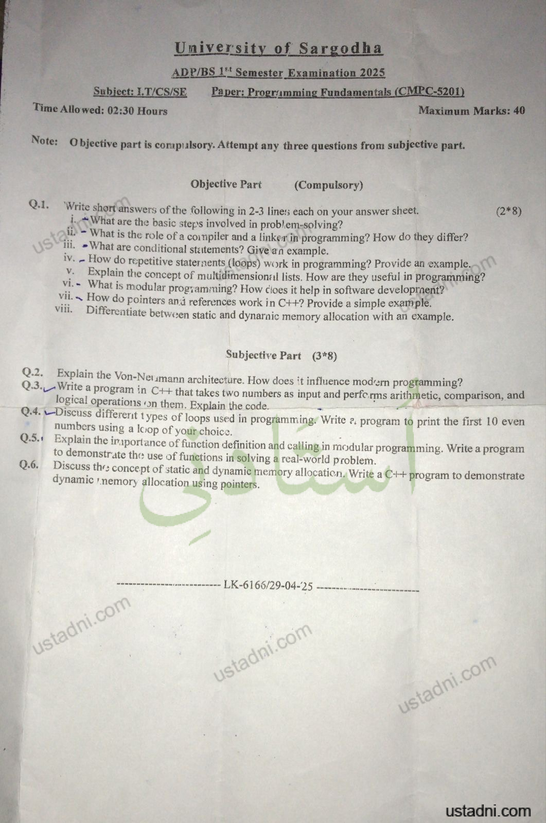 Subject: I.T/CS/SE Time Allowed: 02:30 Hours University of Sargodha ADP/BS 1' Semester Examination 2025