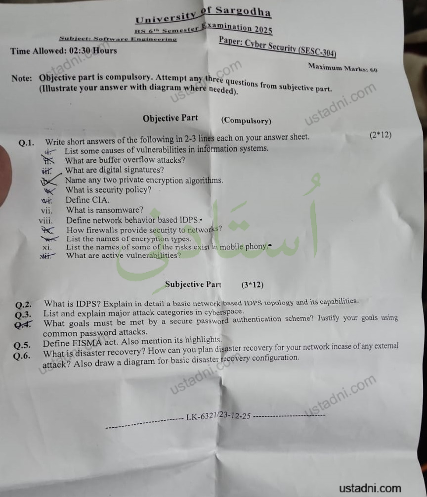 University Of Sargodha Is o* Semester Examination 2025 Subieet: Softy Time Allowed: 02:30 Hours
