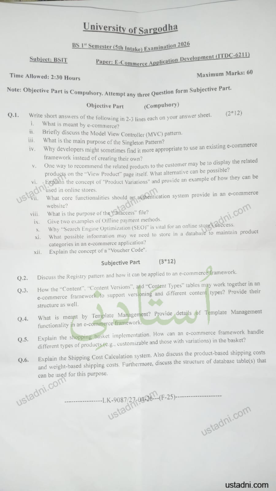 Subject: BSIT Time Allowed: 2:30 Hours University of Sargodha BS 1" Semester (Sch Intake) Examination 2026