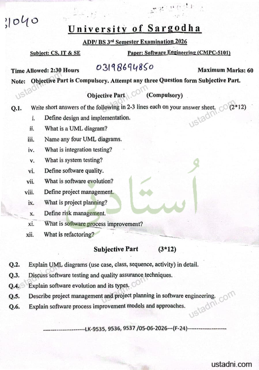 31040 Subject: CS, IT & SE University of Sargodha ADP/ BS 3' Semester Examination 2026